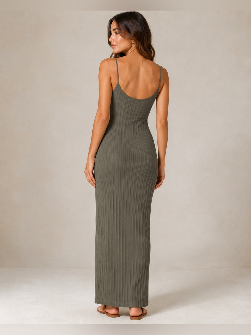 ZARA Olive Ribbed Maxi Slip Dress XL Cotton Stretch Minimalist Chic - Picture 2 of 9